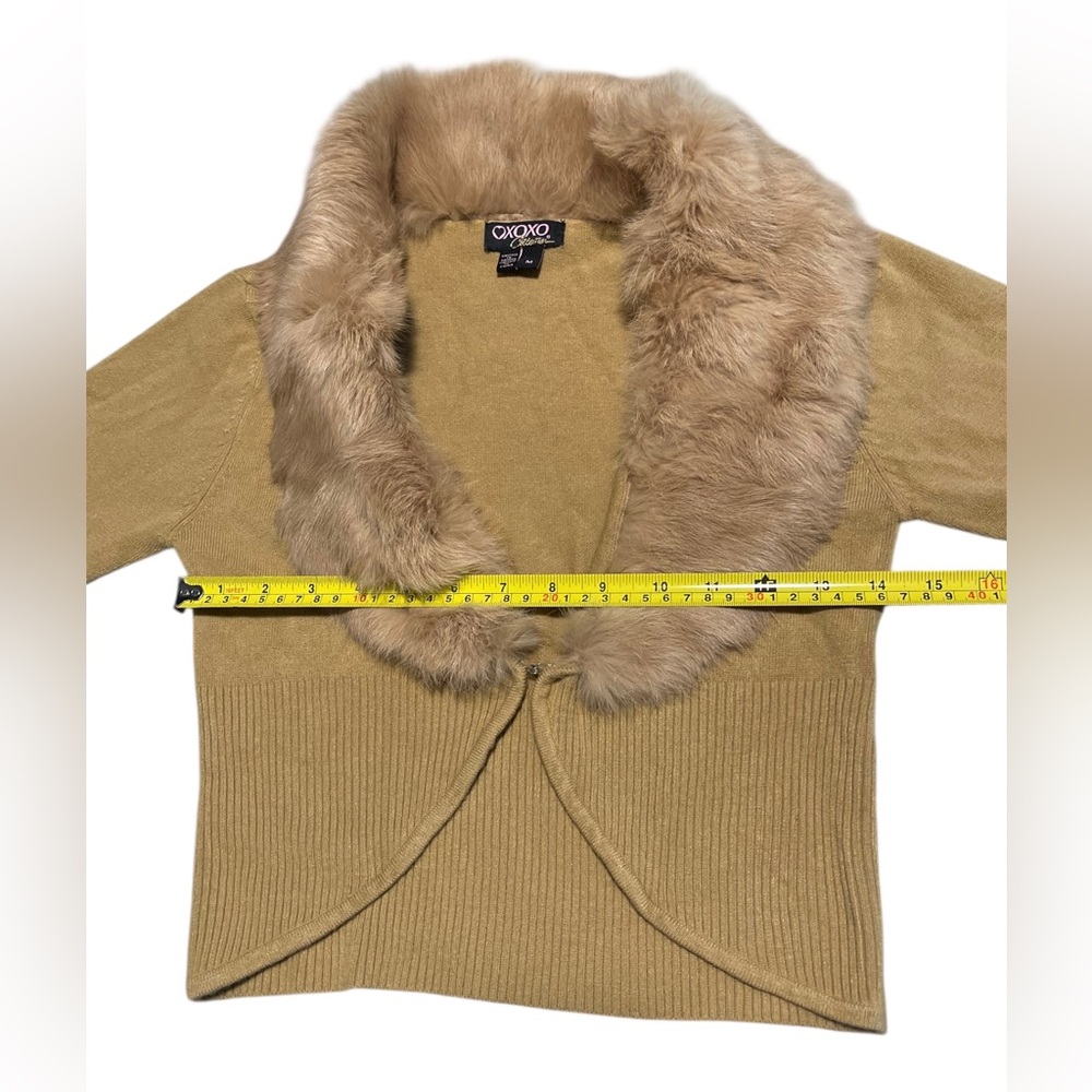 XOXO Collection Brown Rabbit Fur Trim Crop Ribbed Cardigan Sweater Y2K Sz Medium - Picture 11 of 12